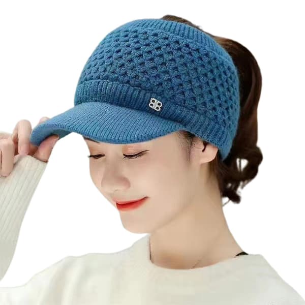 Stickad mössa Tom topp plyschfoder Casual Toppad Stretchig Håll dig varm Enfärgad Höst Vinter Dam Mössa för utomhusbruk Royal Blue