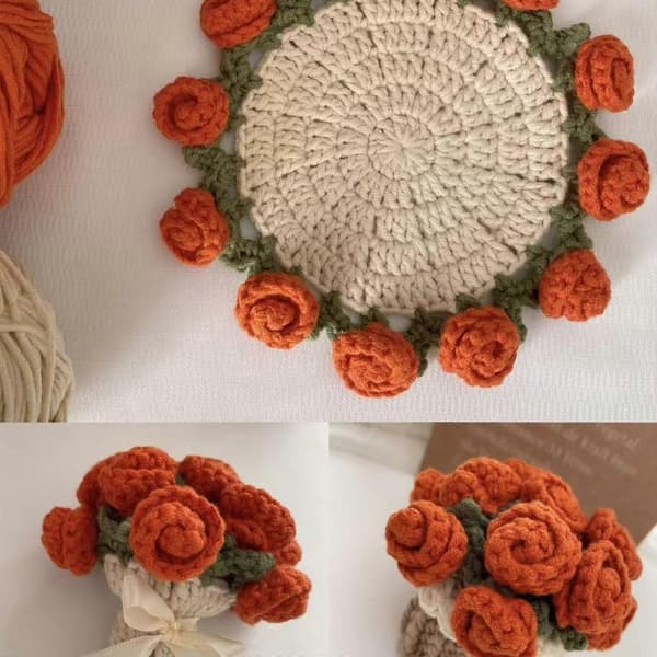 DIY Hæklekit Rosenbuket Hæklede Brikker Startkit Blomsterbrik Hæklekit til Håndarbejde Rød rose Red rose