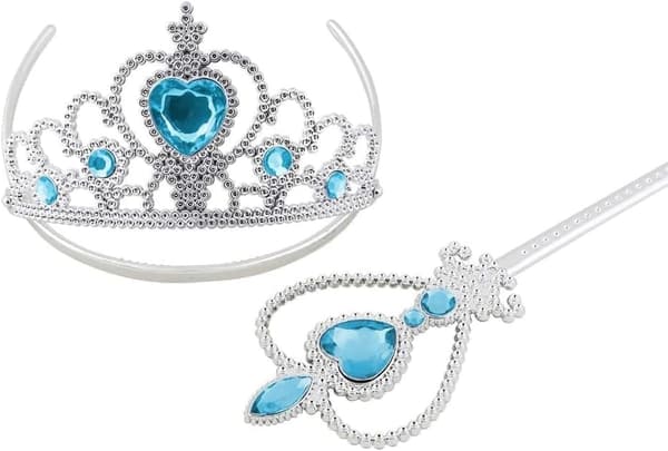 Princess Elsa Costume Accessory Set for Kids, Includes Braid, Tiara, Gloves and Wand 6pcs - blue