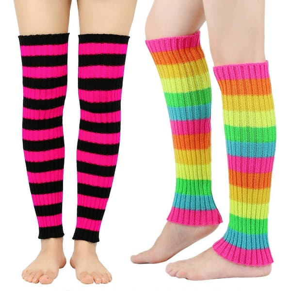 Stribede strikkede benvarmere til kvinder, lårhøje strømper, benærmer til dansefest-outfits og vintervarme, sort og røde striber Black and red strips