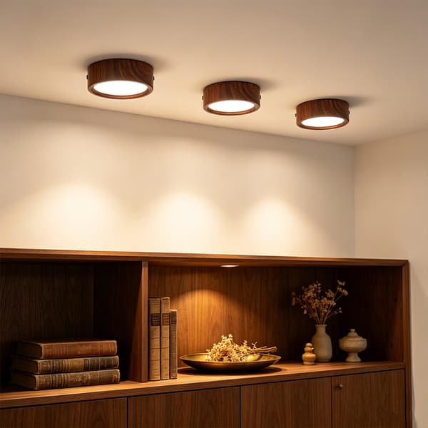 3-pak LED-loftlamper, 5W rund overflademontering, 3 farvetemperaturer, ultratynd, valnøddefinish