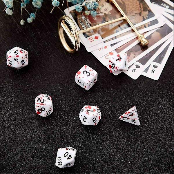 42 stykker blodstænk terninger polyhedral 7-terning sæt til RPG DND rollespil terningespil White red spots