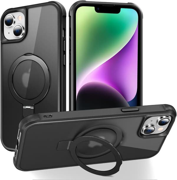 Compatible with iPhone 14 Plus Case with Invisible Magnetic O-Ring Stand Transparent Compatible with Mag-Safe Good Grip Feeling black