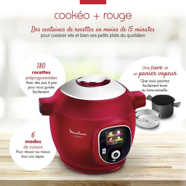 MOULINEX CE85B510 COOKEO+ 6 L intelligent multicooker - 180 förprogrammerade recept - 1600W - 6 tillagningslägen - Röd Röd