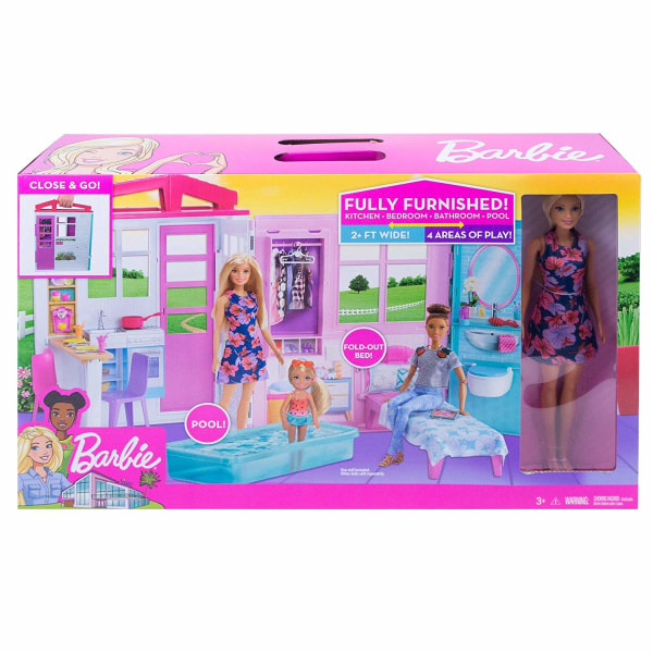Barbie  Doll and Dollhouse, Portable 1-Story Playset, with Pool