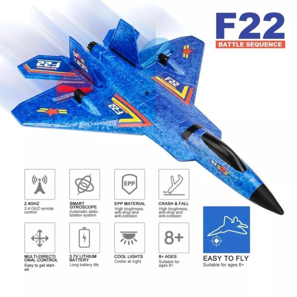 F22 2.4G Fjärrkontroll RC Plane 3-Axis Gyro 2CH Jet Airplane Fighter RTF Blue