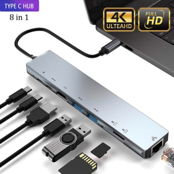 8-i-1 Multi-Port USB-C Hub Type-C till USB 3.0 4K HDMI-adapter