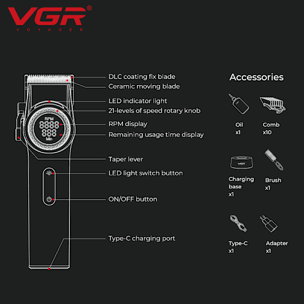 VGR 001 trådlös hårklippare för hårklippning, 9000 RPM red