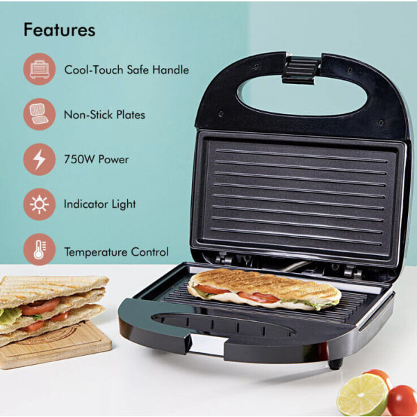 Panini Grill Sandwich Brödrost 2 Skivor Icke-klibbiga Plattformar Panini Maker 750W