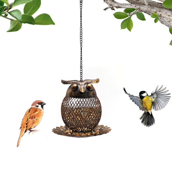 Fågelmatare, uggleformad fågelmatare i metall, hängande fågelmatare