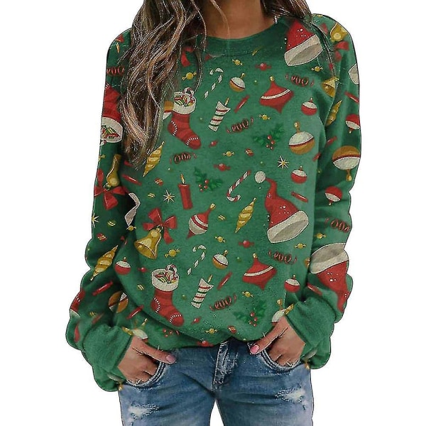 Hhcx-women Christmas Print Long Sleeve T-shirt Pullover Blouse Top Tee Shirt Green Christmas Tree S