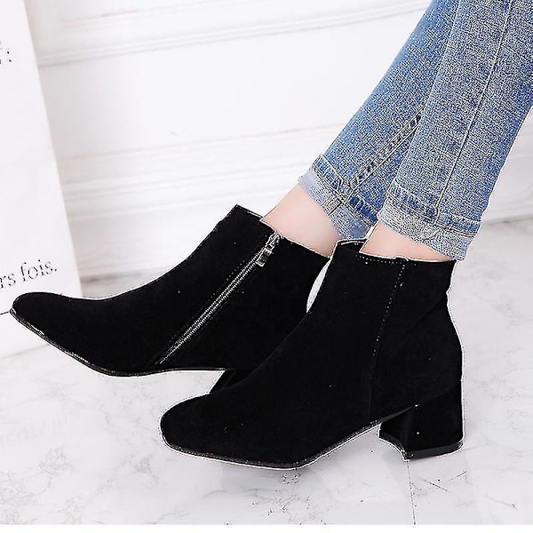 Dam Ankel Pu Mid Calf Låg Block Heel Booties Bakre Dragkedja Kort black eu44