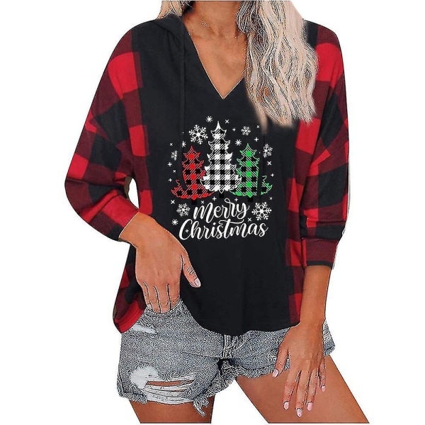 Hhcx-women Christmas Tree Print Hooded Pullover Hoodie Xmas Jumper Top Red 2XL