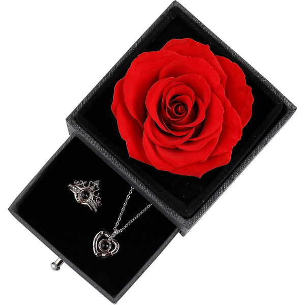 Romantiske gaver, bevaret ægte rose, gaveæske med halskæde