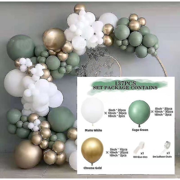 137 kpl Vihreä valkoinen set syntymäpäiväjuhlakoristeita ja häätarvikkeita