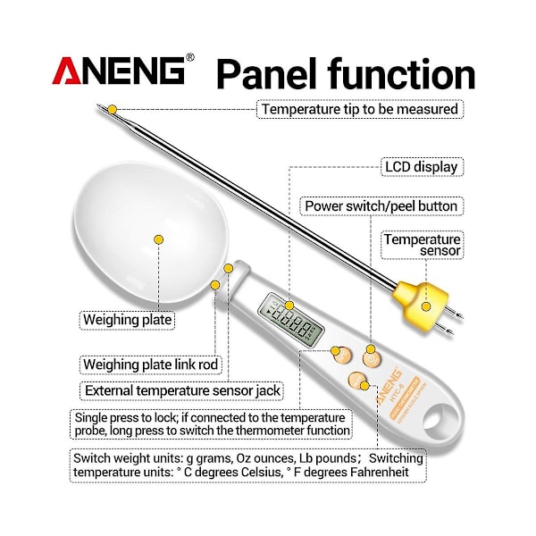 -6 LCD Elektronisk Måleskje + Mat Senter Termometer 2 i 1 Kombinasjonsfunksjon Hvit
