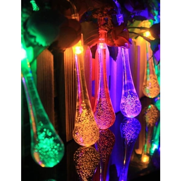 Solar Raindrop String Lights, 30 stk Farverige LED'er til udendørs 8 modes IP65 vandtæt dekoration til havetræer Patio Party (Flerfarvede regndråber)