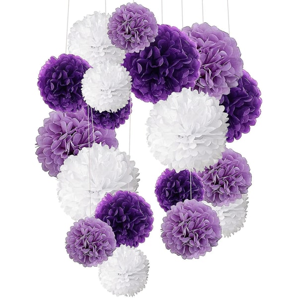 Pakke med 18, blå Pom Poms-blomster, dekorasjonspapirsett for fest (lilla) purple