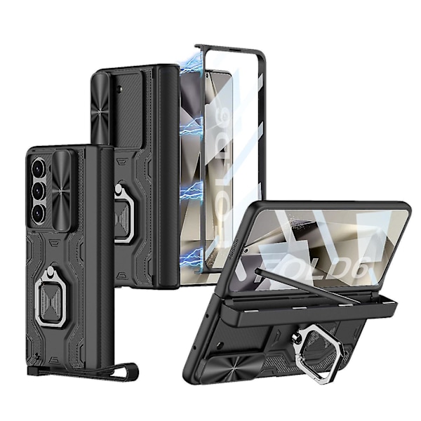 Panseretui for Samsung Galaxy Z Fold 6 med S Pen-holder, innebygd skjermbeskytter, ultratynn PC-deksel med skyvekameradeksel og ringstativ black