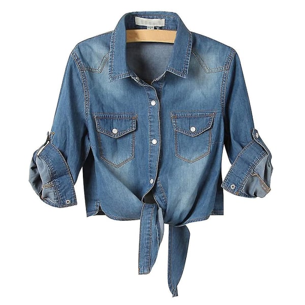 Damer Casual 3/4-ärm Button Down Crop Jean Top Knot Tie jeansskjorta jacka Blue XL