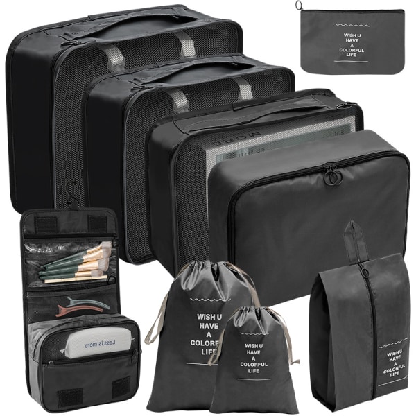Den nye 9 sæt packningskuber Bagagepackningsorganisatorer til resetilbehør black