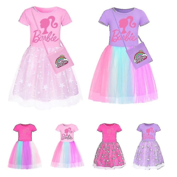Barbie-rosa flickklänning Barn Barbie klänning Star Rainbow spets kjol och crossbody väska Set A 150