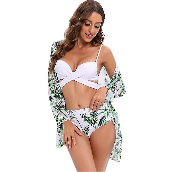 Dametøj 3-delt Bikini Top Badetøj Blomsterprint Højtaljet Badetøj Badetøj Med Kimono Cover Up style 5 l