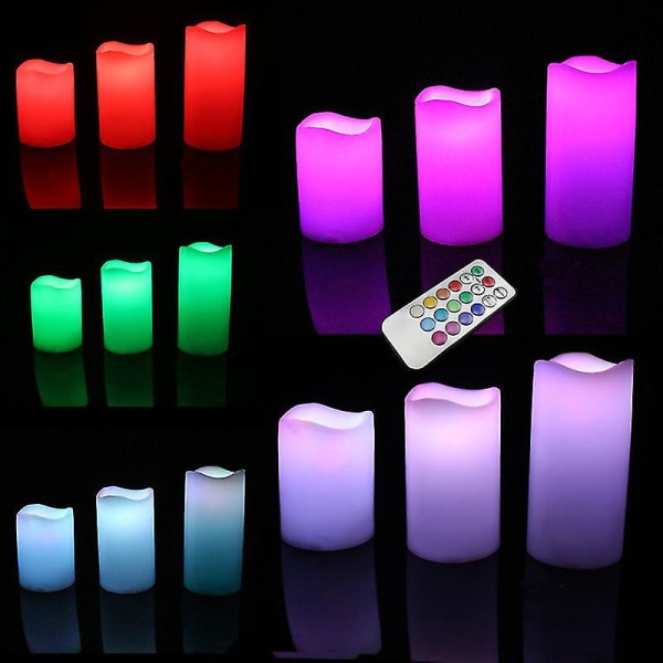 3-pak LED flimrende stearinlys Lys Fjernbetjening 12 farver Flammeless Wave Edge Lampe