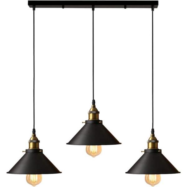 3 lampor Pendellampa industriell ljuskrona taklampor Design Edison metall ljuskrona upphängning med 50 cm stolpstöd, Ø 22 cm, svart black 22cm