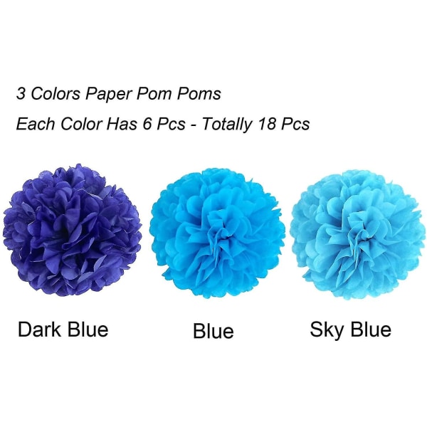 18 kpl pakkaus, Sinisiä Pom Poms -kukkia, koristepaperipakkaus juhliin (sininen) blue