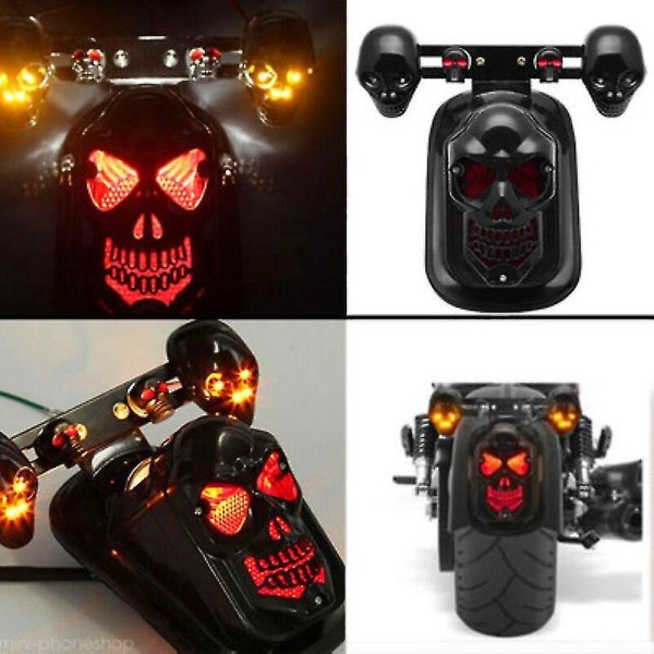 Krom Skeleton Style Modifierad Motorcykel Led Black Skull Baklykta Med Blinkers Motorcykel Bakljus Plus Styrning B-red blue