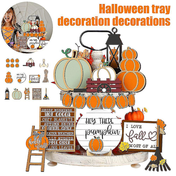 Halloween-brettdekorasjoner 2023 - Happy Halloween-treskilt - Rustikk høst, sesongmessig og festlig landlig stil Hjemmebord Etagert brettdekorasjoner