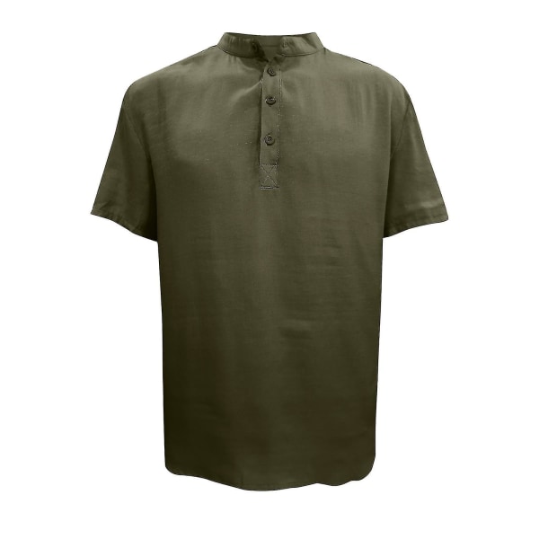 Herr sommar bomull linne Enfärgad Casual kortärmad skjorta Army Green L