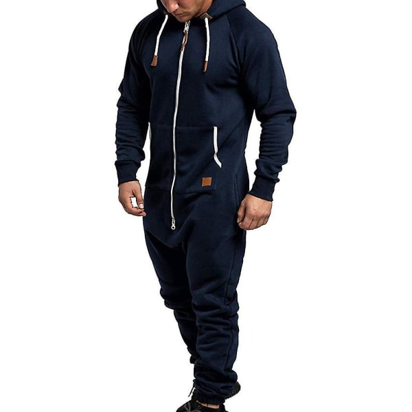 Men Onesie Hoodie Zip Jumpsuit Winter Casual Hooded Romper Playsuit Navy Blue XL