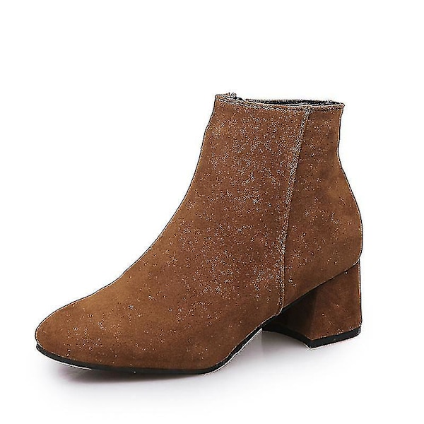 Dam Ankel Pu Mid Calf Låg Block Heel Booties Bakre Dragkedja Kort dark brown eu36