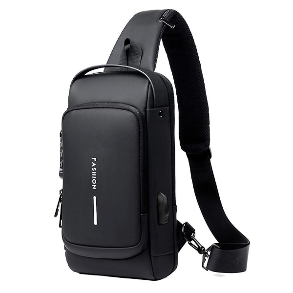 USB Laddning Sport Sling Bag Hane Anti-stöld bröstväska med lösenordslås (svart) Black