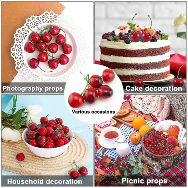 100 stk kunstige kirsebær, falske røde svarte kirsebær falske frukter modell hjemme hus kjøkken fest dekorasjon skrivebord ornament