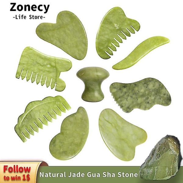 Naturlig Gua Sha Kit för ansikte Guasha Svamp Jade Sten Massage Kam Verktyg Kroppsakupunktur Stick Skönhet Hälsa Gouacheskrapa (Paket 7) Package 7