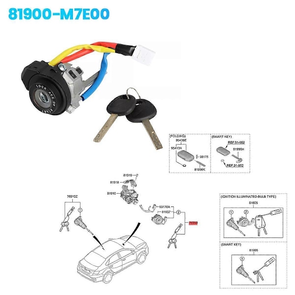 Bilsluttstykke med tenningsbryter og 2 nøkler 81900-M7E00 for Seltos Soul Forte 2019-2023 81991-35240 81900M7E00