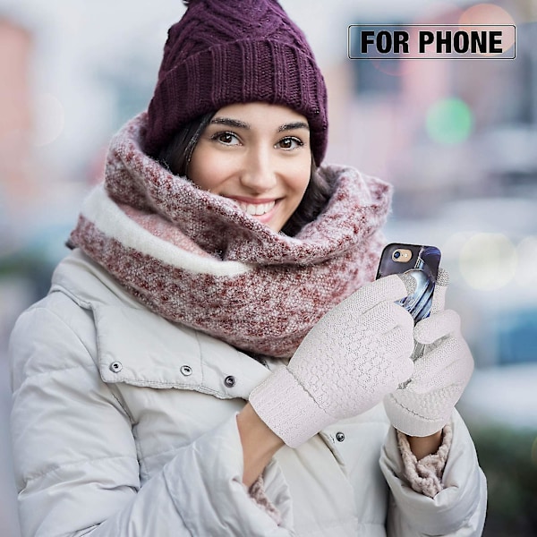 Dame Vinter Touchscreen Handsker Varme Fleeceforet Strikkede Handsker Elastiske Manchet Vinter SMS Handsker white