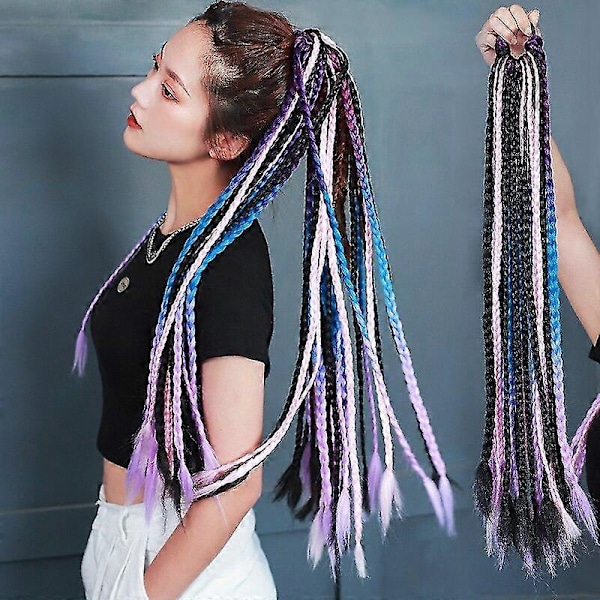Jianghuo 60cm Hår Färg Gradient Smutsig Flätad Hästsvans 12st/förpackning Färgglada Elastiska Hårband Gummiband Hårtillbehör Peruk Hårband