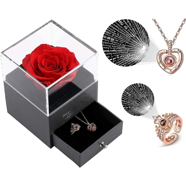Romantiske gaver, bevaret ægte rose, gaveæske med halskæde