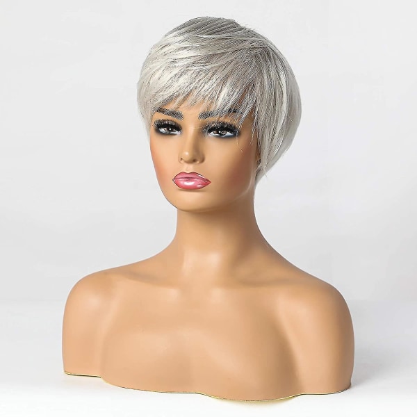 Kort silvergrått människohårblandning peruker för kvinnor, naturligt hår Pixie Cut Peruk, lätt/andas/mjuk (färg 101)