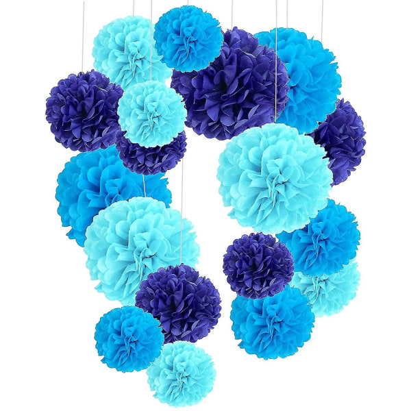Pakke med 18, blå Pom Poms-blomster, dekorasjonspapirsett for fest (blå) blue