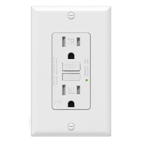 GFCI-uttag 15 Amp, Självtestande GFI-uttag, Tamper-skyddat GFCI-uttag med väggplatta Vit