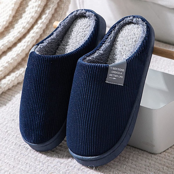 Tøfler til kvinder og mænd - Memory Foam varme slip-on tøfler - komfortable plysforet hjemmesko navy blue 44-45