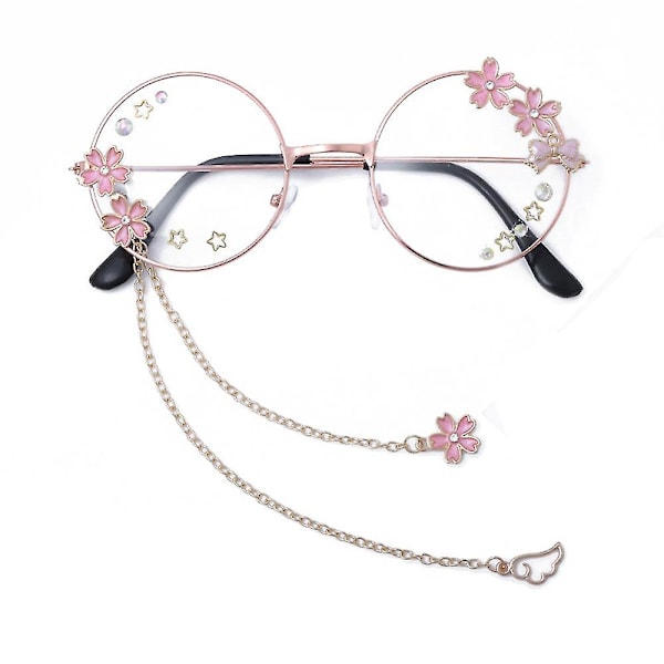 Kawaii Sakura Star Wing Decor Glasses With Chain Lolita Cosplay Prop Cute Round Frame Clear Flat Lens Glasses Gift