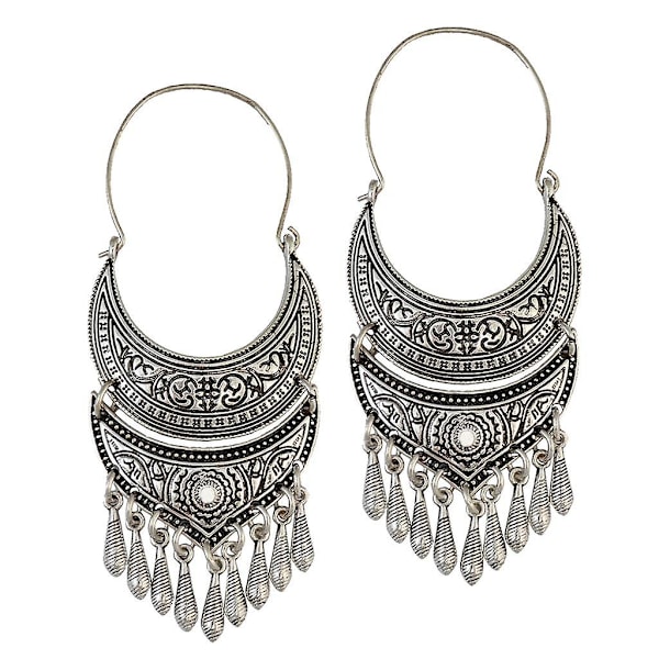 2x bohemiska vintage månformade örhängen med pärlor och tofsar i silver