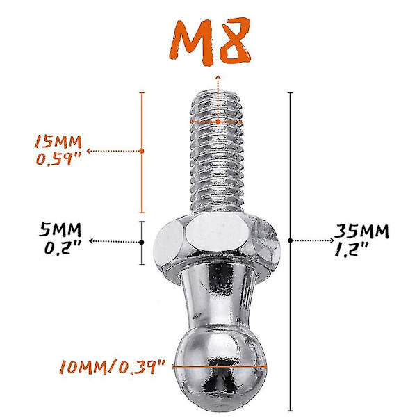 Kvantitet (4) 10mm M6 M8 Kulledsskruv Bult Rostfritt Stål Gasfjäder Lyftstöd Strut Kulled Trådändad Passform Universal