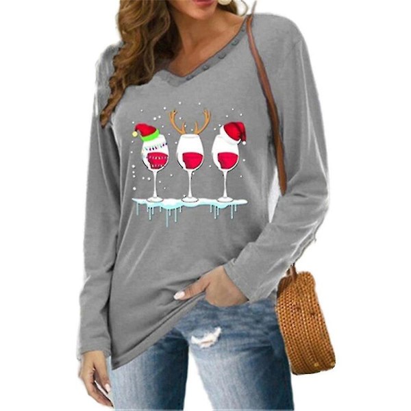 Hhcx-women Christmas Wine Glass Print Long Sleeve Pullover Blouse Tops Plus Size Grey L